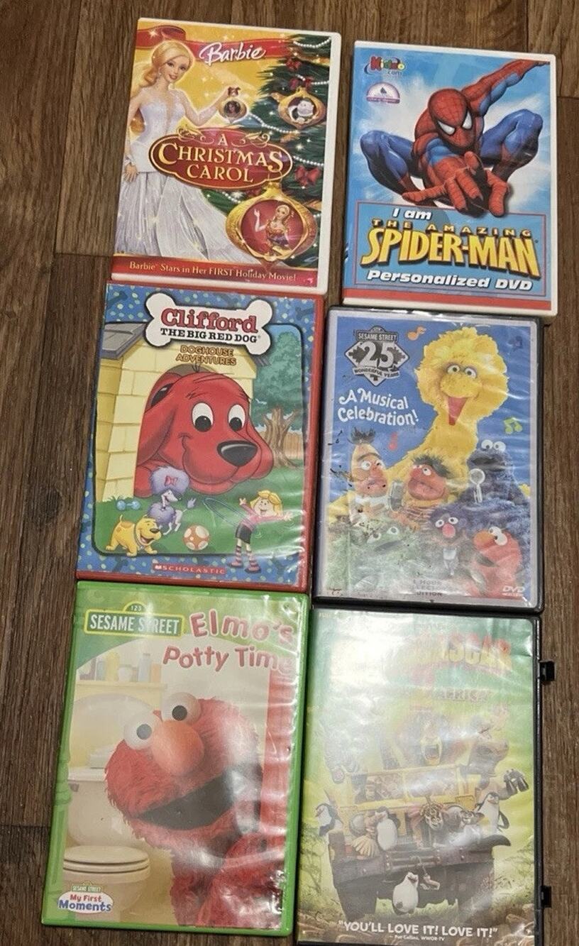 Lot 6 Kids DVD Movies Elmo Madagascar,Clifford,Spider-Man,Barbie Big Bird